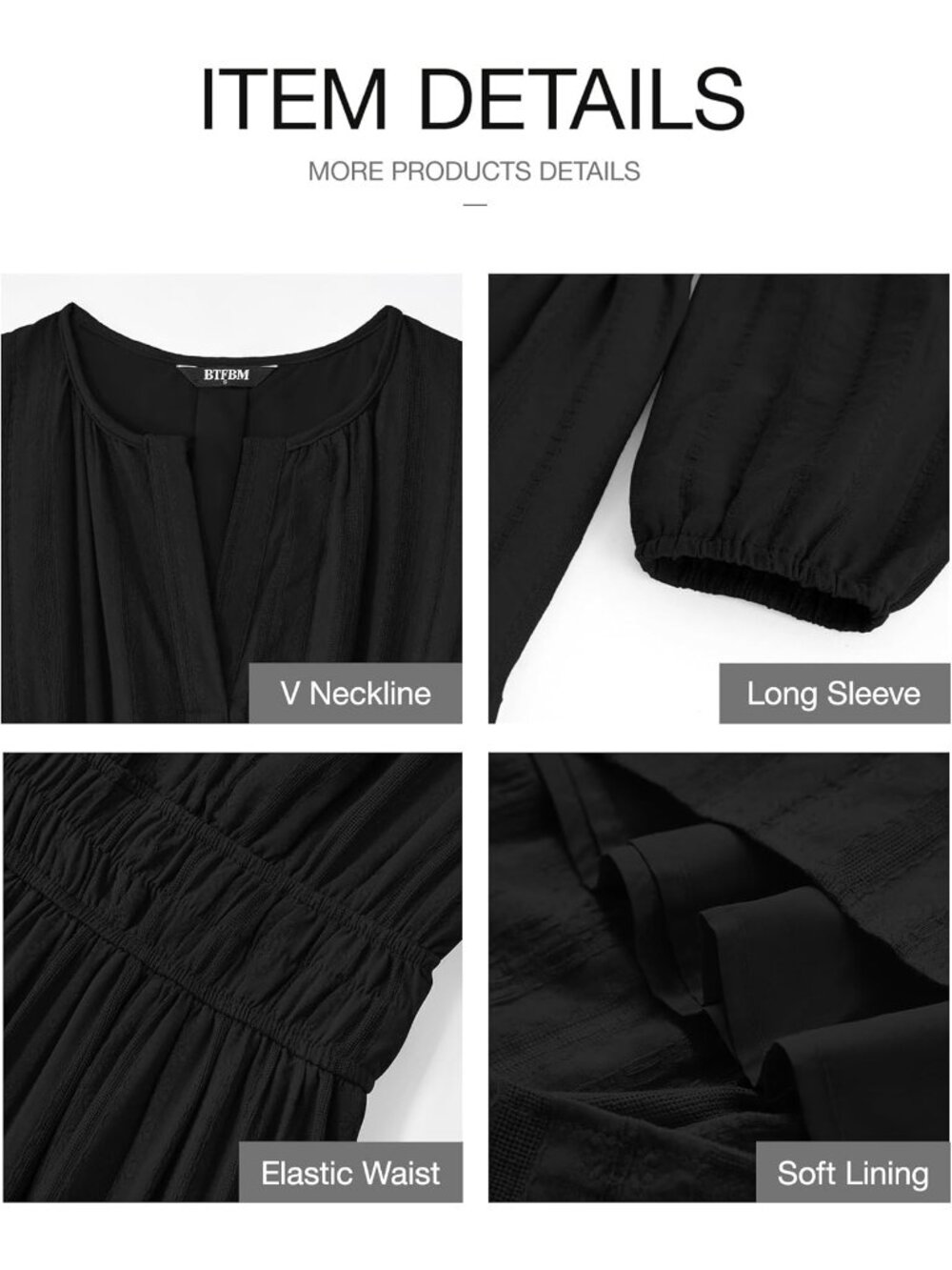 Women's Black V Neck Elastic Waist Long Sleeve Cocktail Bodycon Maxi Dress - Picture 4 of 6